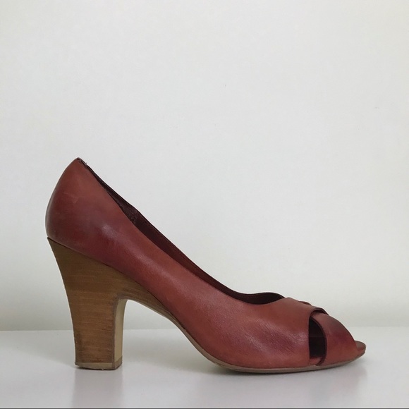 Seychelles Burgundy Leather Peep Toe Heels 10 - Picture 7 of 14